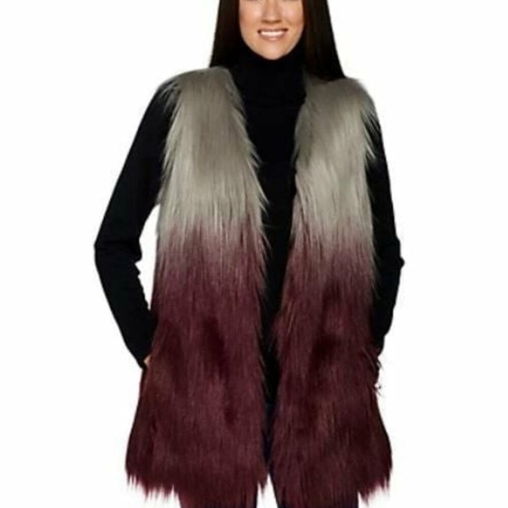 Lisa Rinna Faux Fur Maroon Ombre Vest size Large NWoT